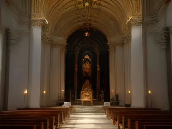 A baroque church interior with candles and rows of pews