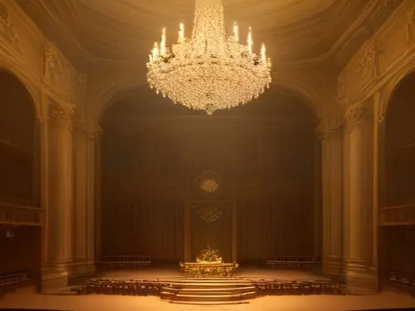 A gilded hall with a crystal chandelier and a small stage