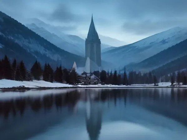 A lakeside alpine village with a church spire below snowy mountains