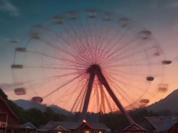 A historic Ferris wheel with red cabins against an evening sky