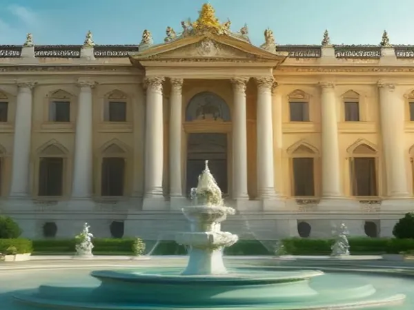 A long yellow baroque palace facade behind a formal garden