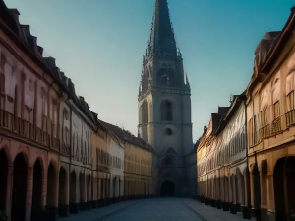 A gothic church spire at the end of an old street