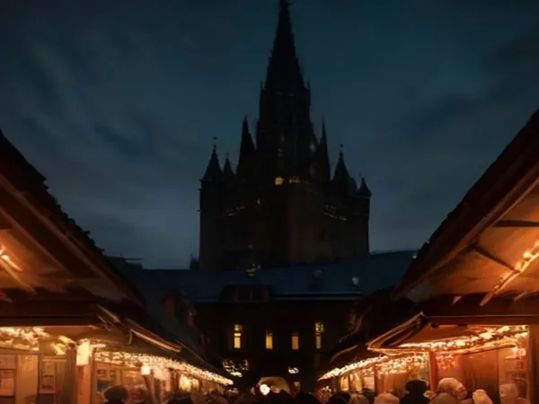 Christmas market stalls with warm lights in front of a gothic building at dusk