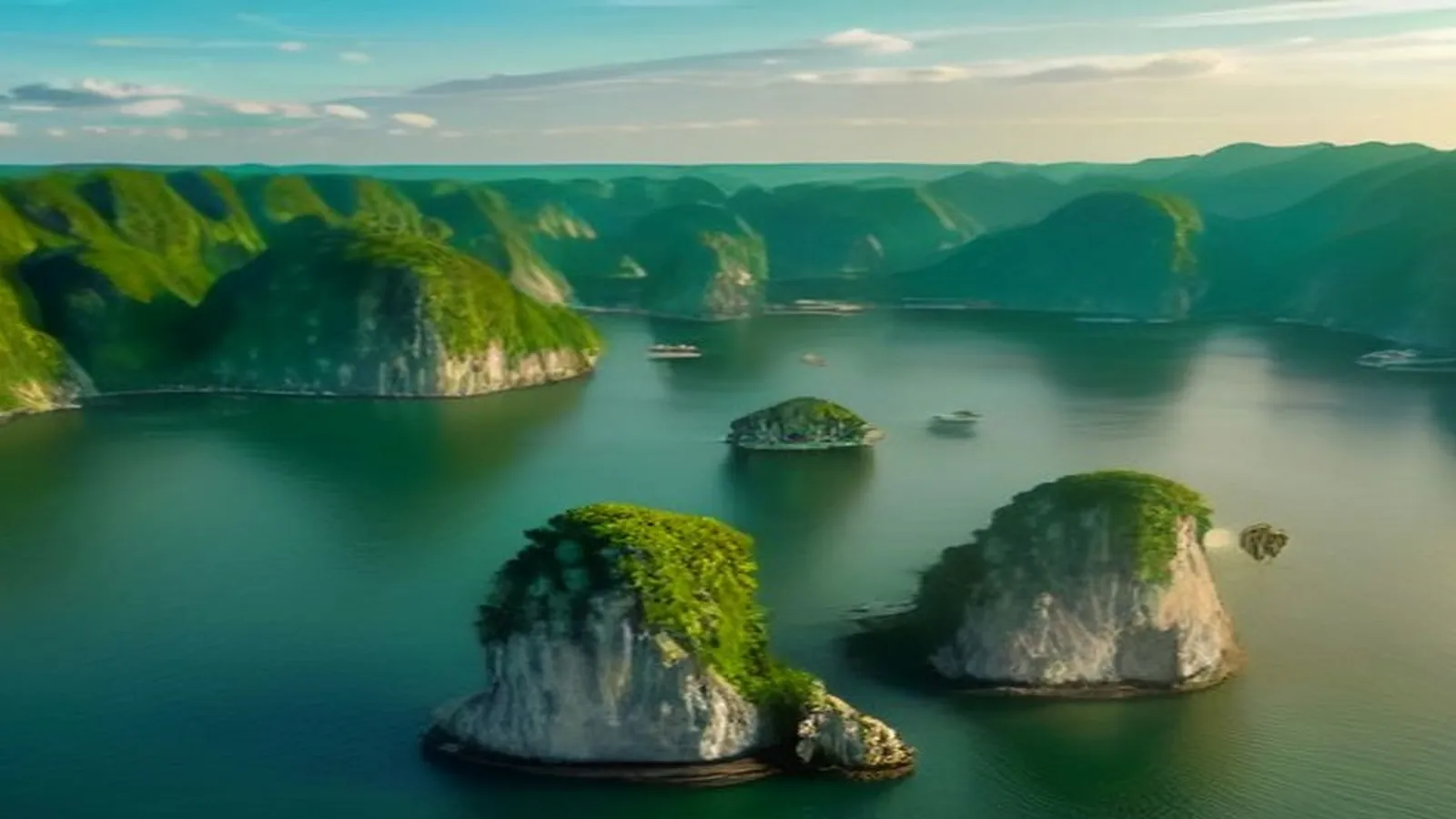 Green limestone islands rising from calm emerald water in Ha Long Bay, seen from above at golden hour