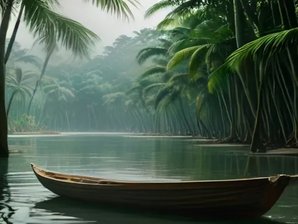 A wooden boat on a calm river lined with coconut palms