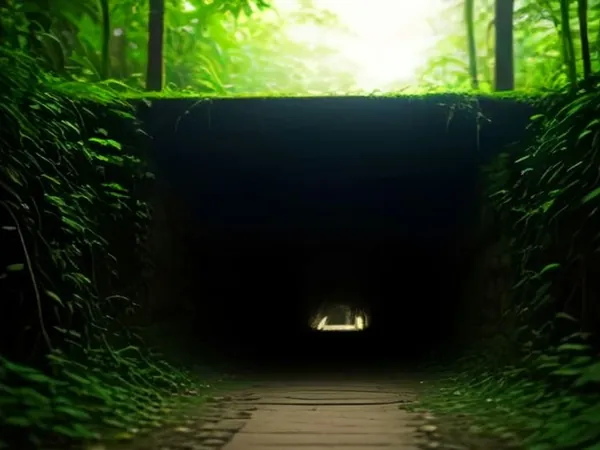 A dark tunnel entrance in thick green jungle