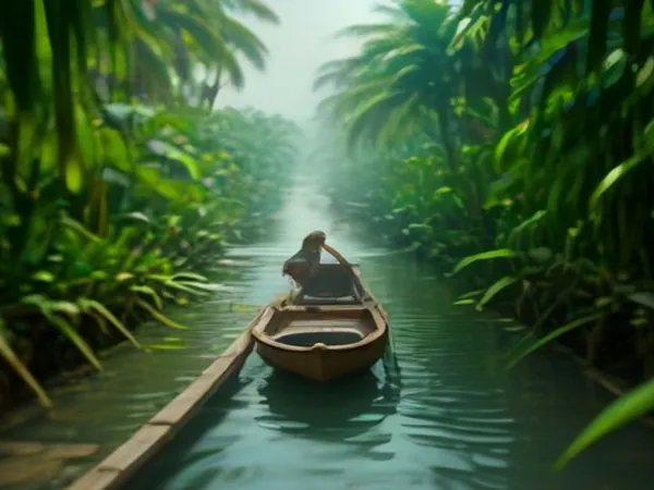 A palm-lined canal with a small wooden boat