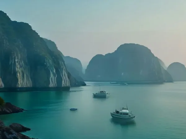 A white tour boat on green water among limestone islands