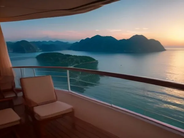 A cabin balcony with two chairs overlooking limestone islands at sunset
