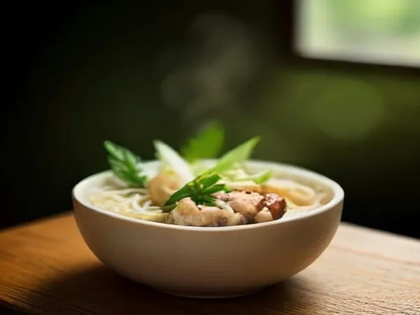 A bowl of noodles topped with fresh herbs on a wooden table