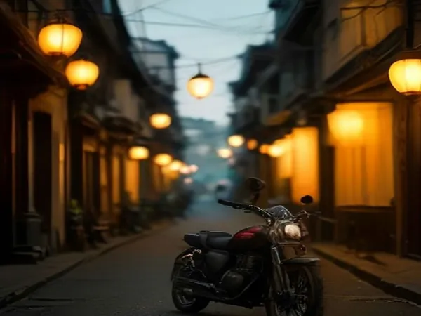 A vintage motorbike parked on an Old Quarter street at dusk