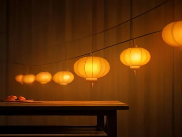 Glowing paper lanterns hanging above a wooden table