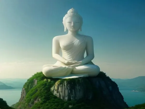 A white Buddha statue on a green hillside above the sea