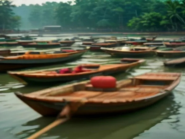 Wooden boats crowded together on a wide river