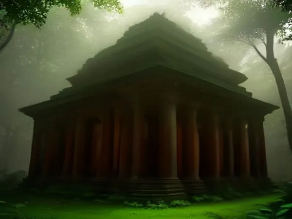 An ancient reddish temple in a misty jungle