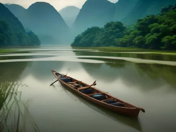 Small rowing boats on a river between rice fields and limestone peaks